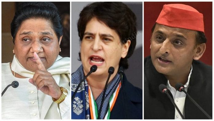 (From left to right) File photos of BSP chief Mayawati, Congress general secretary Priyanka Gandhi Vadra and SP chief Akhilesh Yadav. | Photos: PTI and ThePrint
