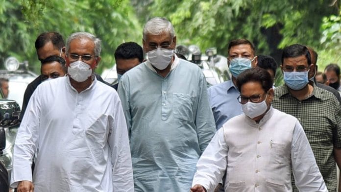 Chhattisgarh CM Bhupesh Baghel, state Health Minister T. S. Singh Deo with Chhattisgarh Congress in-charge P.L. Punia after a meeting with Rahul Gandhi in New Delhi on 24 August 2021 | ANI