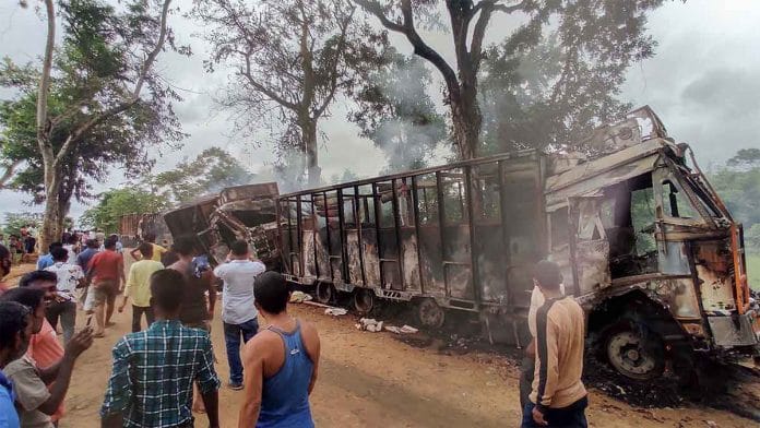 A truck set on fire allegedly by members of the DNLA on 26 August 2021 | PTI