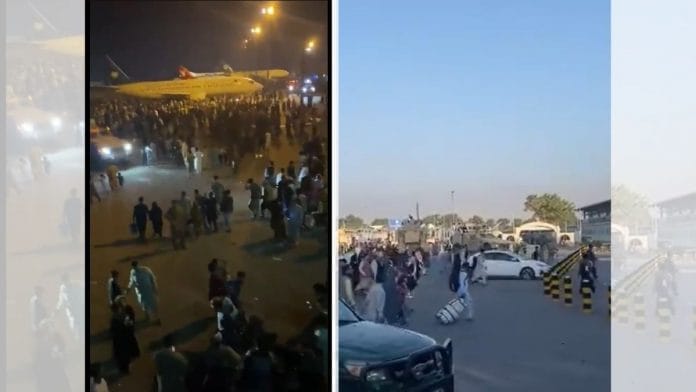 Screengrabs from videos showing people thronging Hamid Karzai International Airport in Kabul on Sunday and Monday, in Afghanistan | Twitter