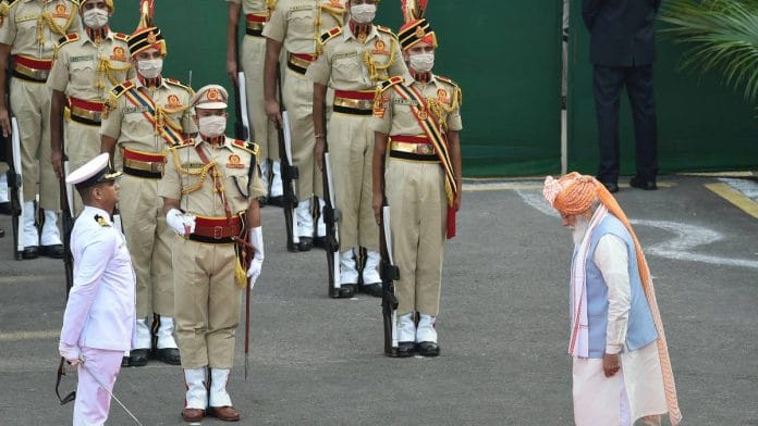 Prime Minister Narendra Modi while inspecting the guard of honour at the Red Fort during the 75th Independence Day function, in New Delhi on 15 August 2021 | Shahbaz Khan | PTI
