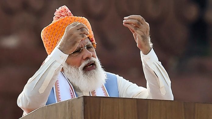 Prime Minister Narendra Modi delivering the Independence Day address from Red Fort on 15 August 2021 | Photo: Kamal Singh | PTI