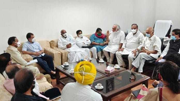 Opposition parties meet in the Parliament chambers of Mallikarjun Kharge, leader of opposition in Rajya Sabha, in New Delhi on 9 August 2021 | Congress | Twitter