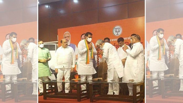 Jitendra Singh Bablu (third from left) with UP BJP chief Swatantra Dev Singh (bowing) while joining the party in Lucknow Wednesday | By special arrangement