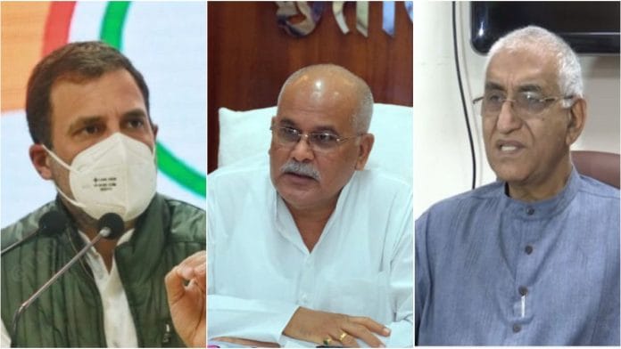 Congress leader Rahul Gandhi, Chhattisgarh's CM Bhupesh Baghel and state Health Minister T.S. Singh Deo | PTI/ANI file photo