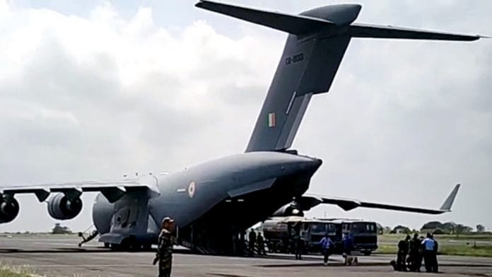 An Indian Air Force C-17 aircraft that took off from Kabul, Afghanistan, with Indian officials, lands in Jamnagar on 17 August | Photo: ANI