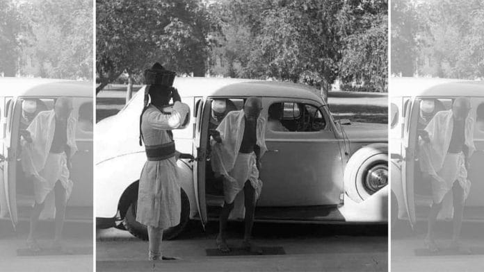 The picture of Gandhi exiting his Packard One-Twenty, an American-made luxury car, has gone viral | Twitter.