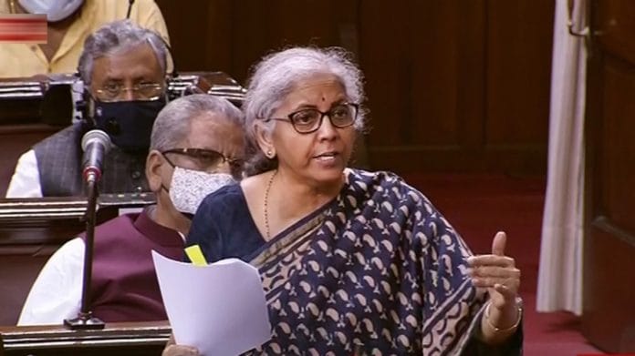 Union Finance Minister Nirmala Sitharaman speaks in the Rajya Sabha during the Monsoon Session of Parliament in New Delhi, on 9 August 2021 | PTI