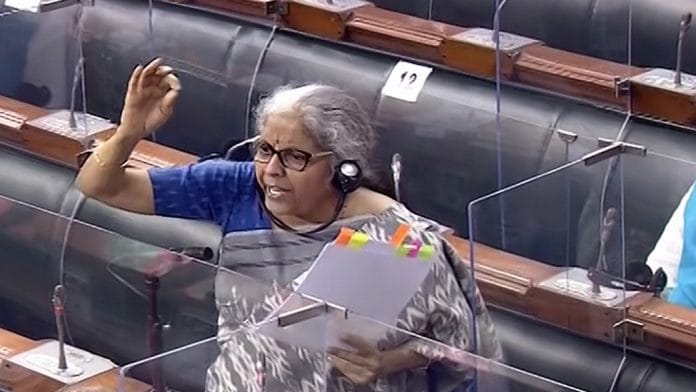 Union Finance Minister Nirmala Sitharaman in the Lok Sabha in New Delhi, on 2 August 2021