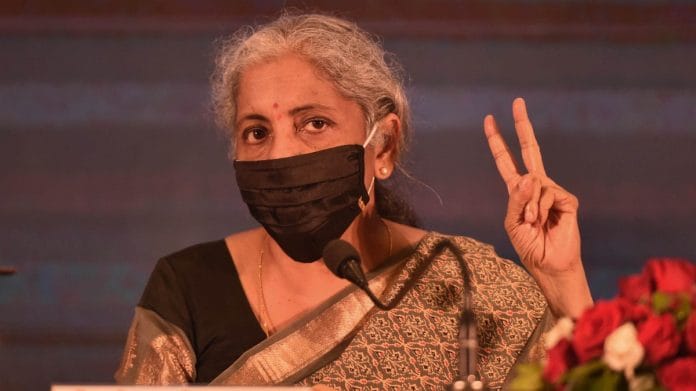 Union Finance Minister Nirmala Sitharaman addressing a press conference in Lucknow, on 21 August 2021 | PTI