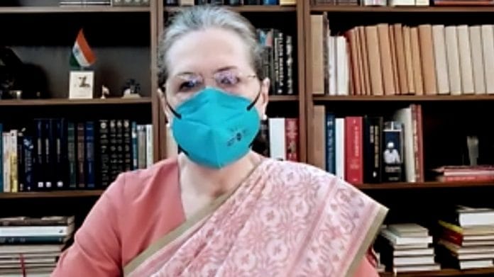Congress interim president Sonia Gandhi holds a virtual meeting with the opposition leaders in New Delhi, on 20 August 2021 | ANI photo