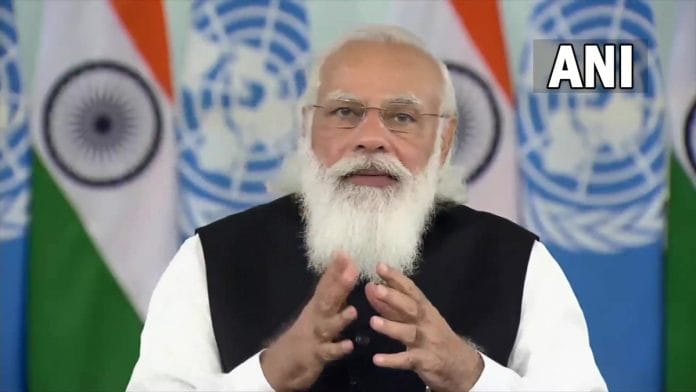 Prime Minister Narendra Modi speaking at the high-level United Nations Security Council open debate, on 9 August 2021 | Twitter/@ANI