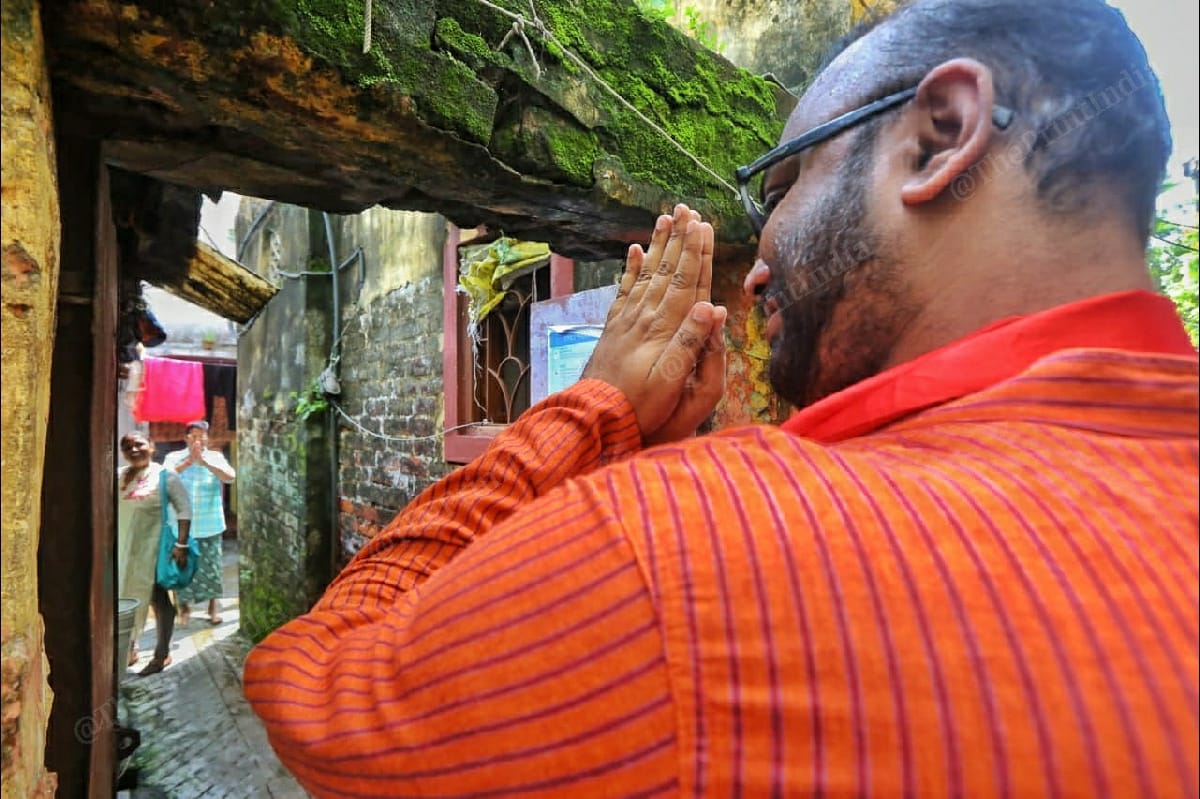Shrijeeb Biswas meets people during his door-to-door campaigning | Photo: Praveen Jain | ThePrint
