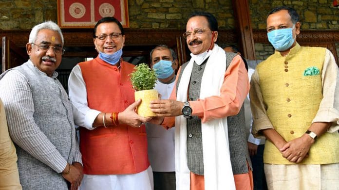 (From left) Representational image of Uttarakhand BJP president Madan Kaushik, CM Pushkar Singh Dhami, and ministers Ajay Bhatt and Ganesh Joshi | File photo: ANI
