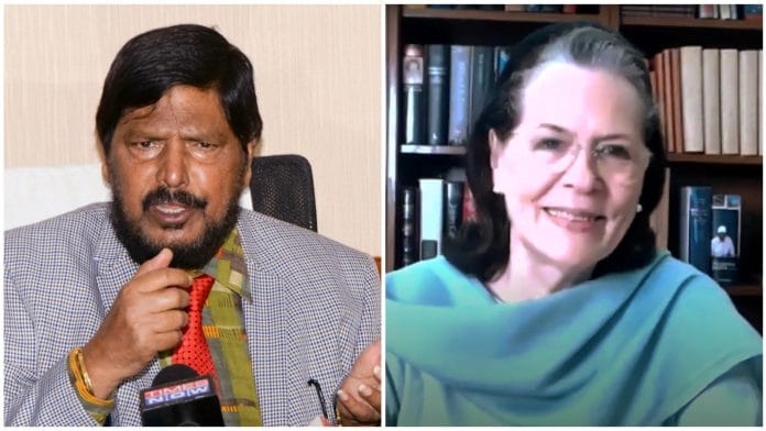 Union Minister Ramdas Athawale (L) and Congress interim president Sonia Gandhi (R)