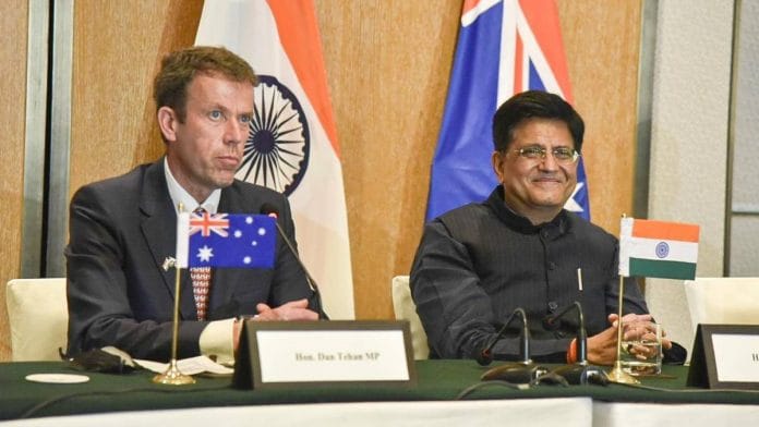 Union Commerce Minister Piyush Goyal & his Australian counterpart Dan Tehan (L) address a joint press conference in New Delhi on 30 September 2021 | Piyush Goyal | Twitter