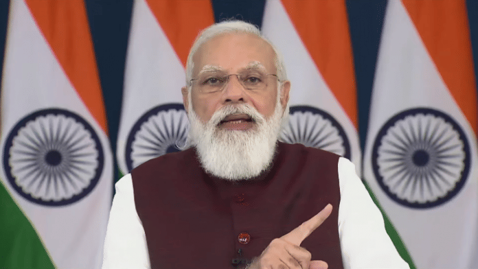 Delhi: Prime Minister Narendra Modi addresses at a function to mark the Lokarpan of Sardardham Bhavan and Bhoomi Pujan of Sardardham Phase - II Kanya Chhatralaya, through video conferencing, in New Delhi. (PTI Photo)