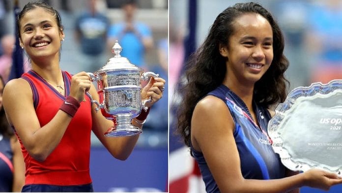 US Open women's singles champion Emma Raducanu (left) and runner-up Leylah Fernandez with their respective trophies | Photo: Twitter | @USOpen