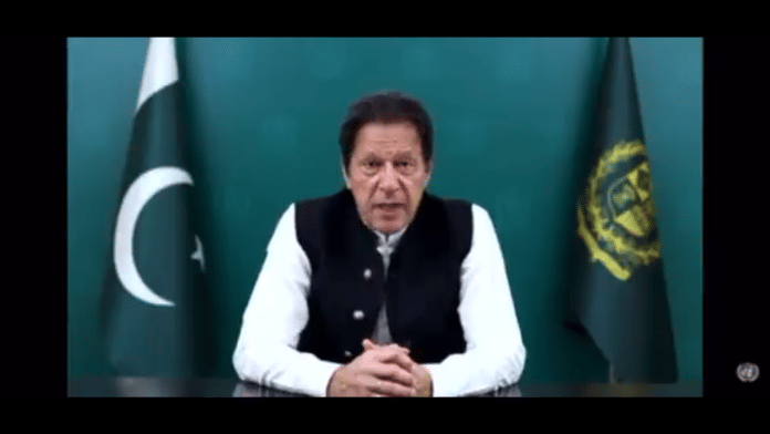 A screengrab of Imran Khan speaking at the UNGA. | Photo credit: Twitter/@VirkSh786