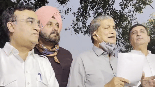 (L-R) Congress leaders Ajay Maken, Navjot Singh Sidhu, Harish Rawat and Harish Chaudhary after the CLP meeting in Chandigarh,