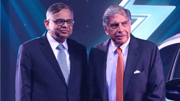 Natarajan Chandrasekaran (L), chairman of Tata Sons with Ratan Tata, chairman of Tata Group during the launch of the Tata Nexon EV electric car, in Mumbai on 28 January 2020. Photographer: Indranil Mukherjee/AFP/Getty Images via Bloomberg