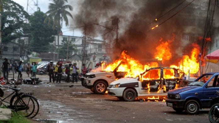 Vehicles set ablaze as BJP and CPI(M) activists clashed in Agartala, on 8 September 2021| PTI