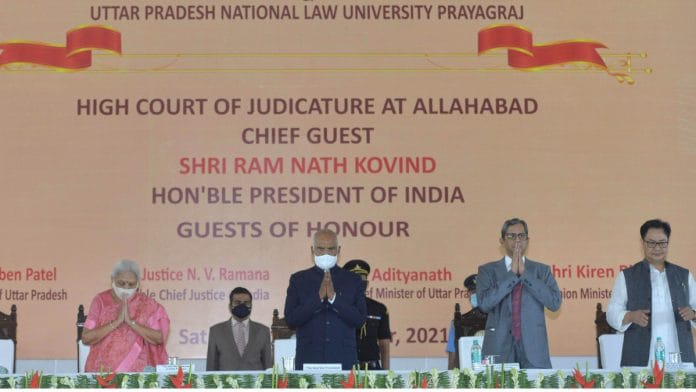 President Ram Nath Kovind lays foundation stone of Uttar Pradesh National Law University and Advocates Chambers, Allahabad High Court in Prayagraj, Saturday | PTI