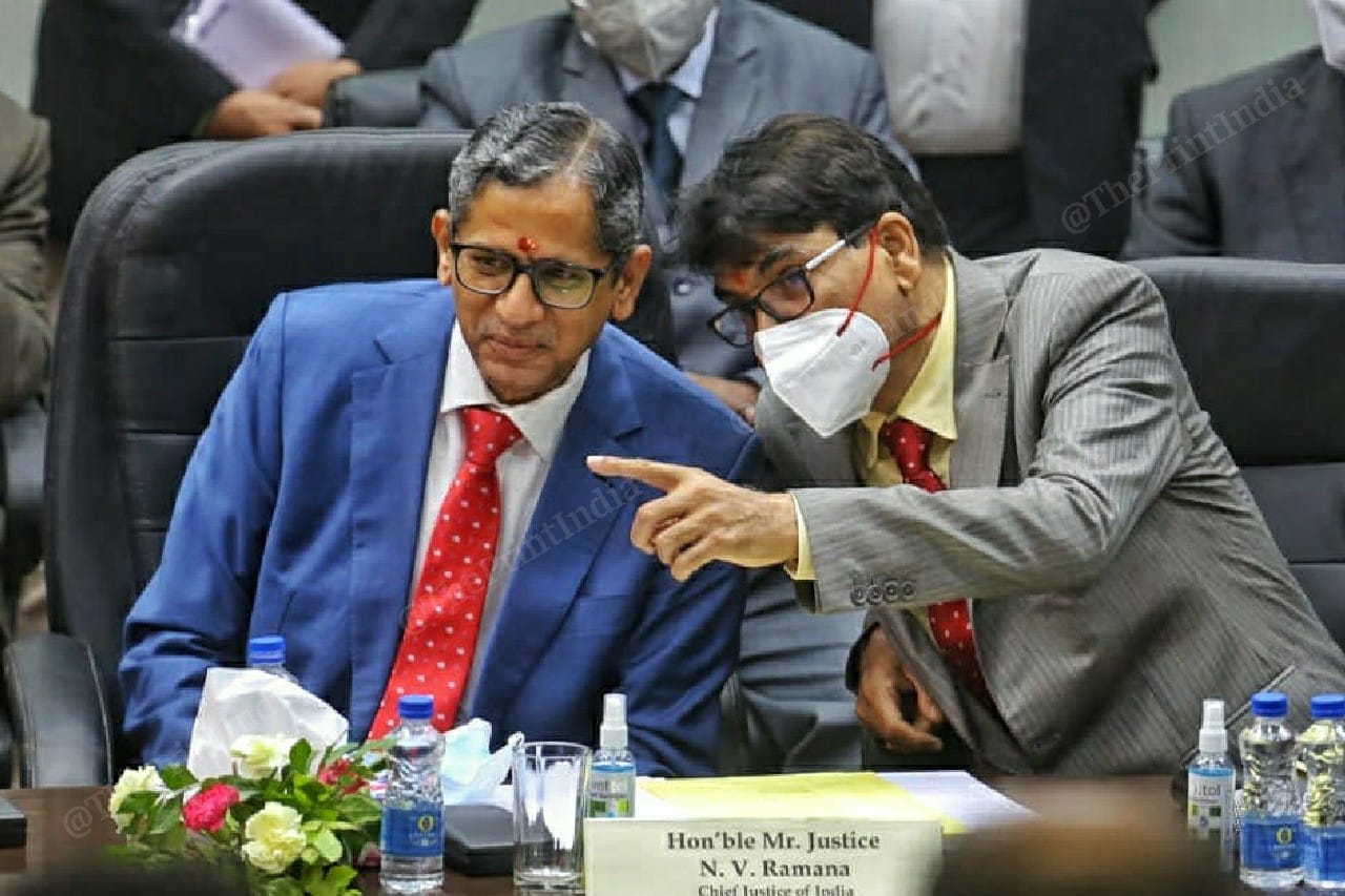 Chief justice of India N. V. Ramana with Chairman of Bar Council of India M.K. Mishta | Photo: Praveen Jain | ThePrint