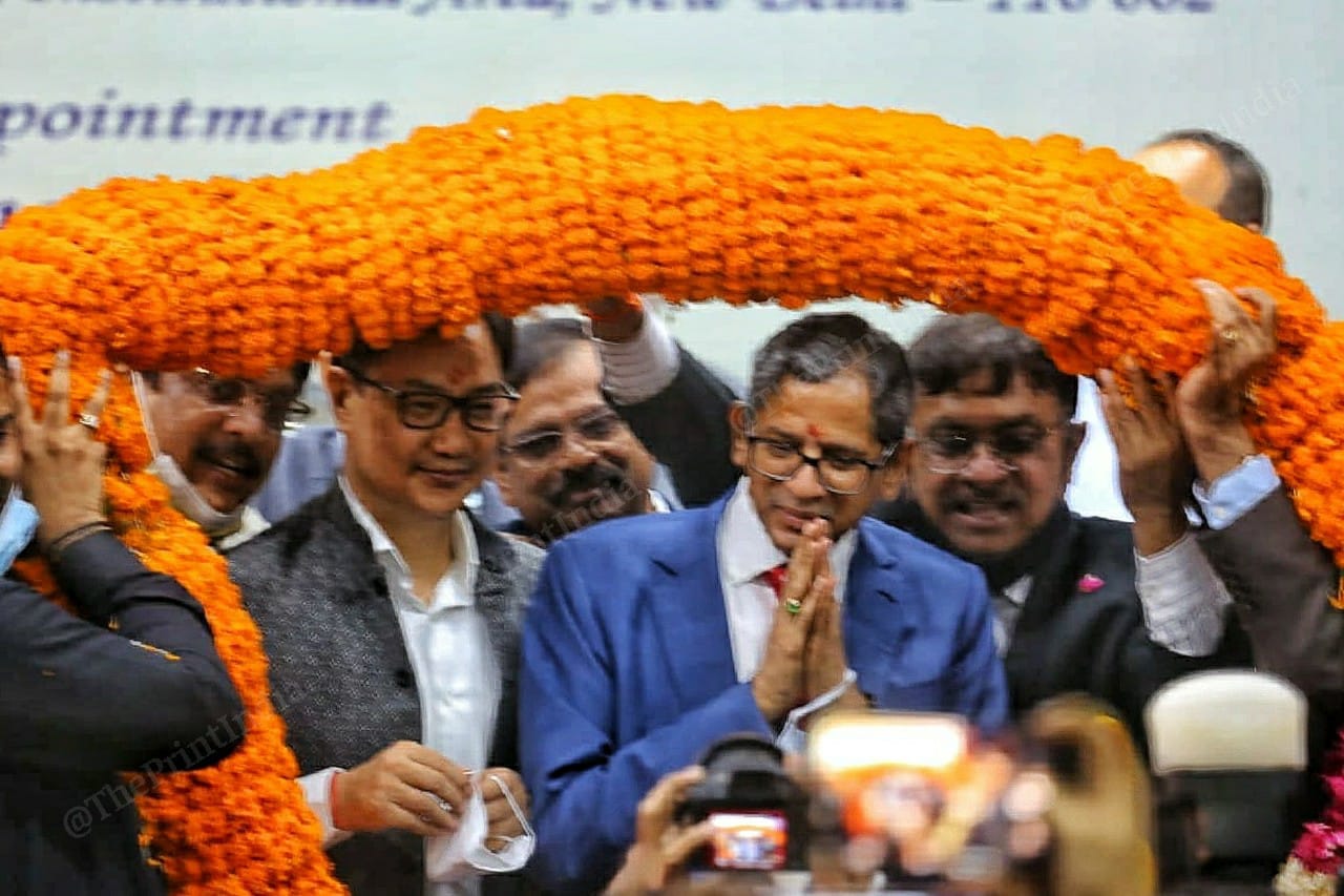CJI Ramana and Law Minister Kiren Rijiju arrive at the event | Praveen Jain | ThePrint