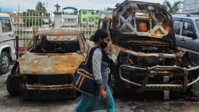 Vehicles that were burnt at the CPI (M) state headquarters in Agartala on 8 September | Photo: Suraj Singh Bisht/ThePrint