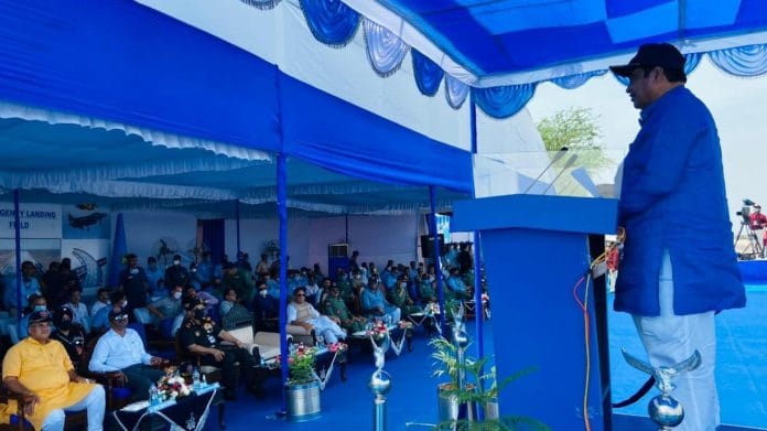 Road Transport and Highways Minister Nitin Gadkari gives a speech after the inauguration of emergency landing strip in Barmer, Rajasthan on 9 September 2021