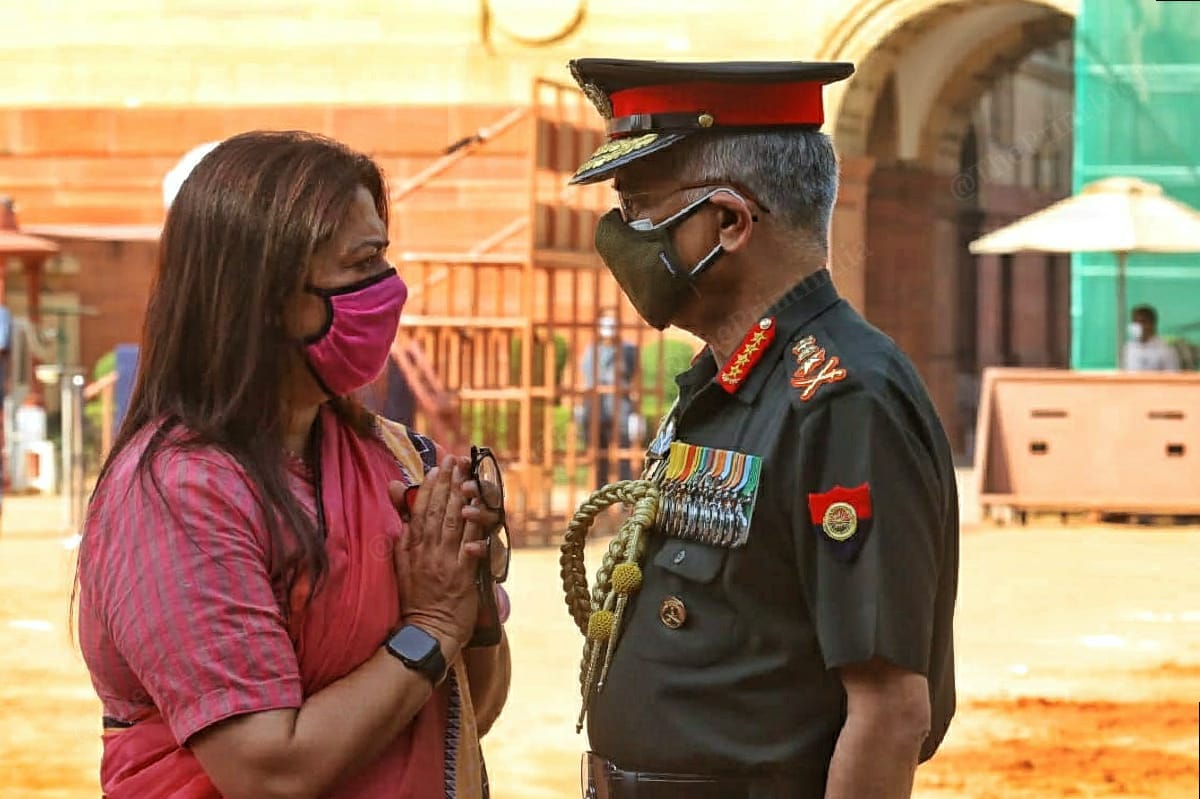 Meenakshi Lekhi with Manoj Mukund Naravane at Rashtrapati Bhavan | Photo: Praveen Jain | ThePrint