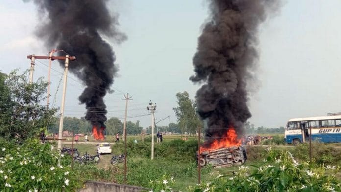 Vehicles on fire after the violence in Lakhimpur Kheri on 3 October, in which eight people were killed | Photo: ANI