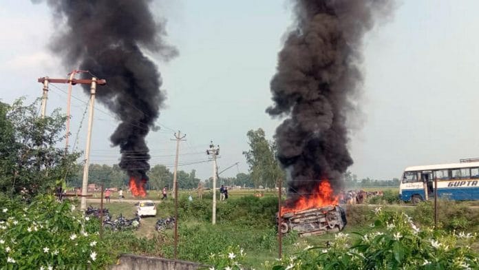 Vehicles on fire after the violence in Lakhimpur Kheri on 3 October, in which eight people were killed | Photo: ANI