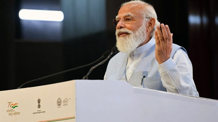 Prime Minister Narendra Modi delivers an address at the inauguration of the 'Azadi@75 — New Urban India: Transforming Urban Landscape Conference-cum-Expo', in Lucknow Tuesday | ANI