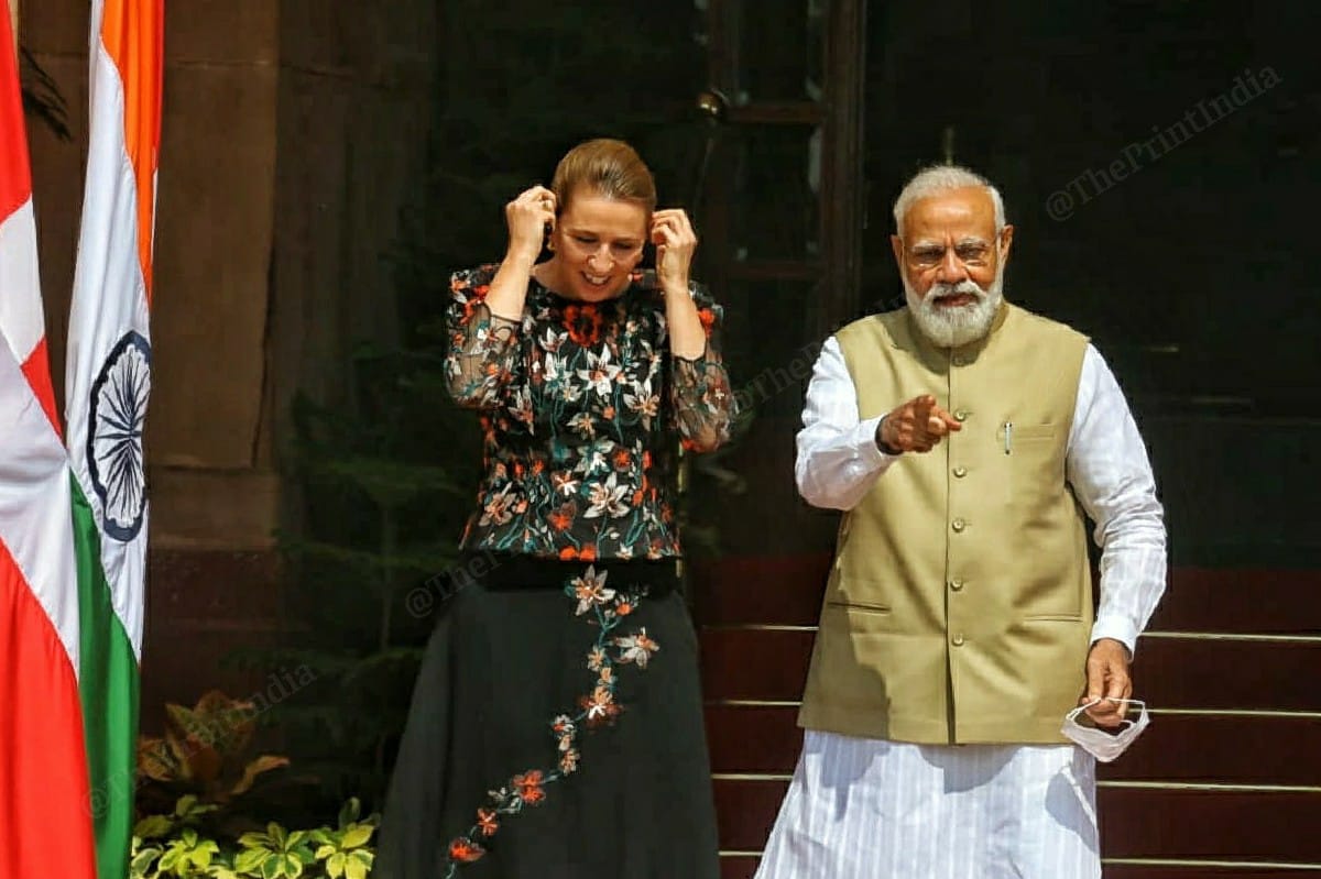 PM Mette Fredericksen is received by PM Modi at Hyderabad House | Photo: Praveen Jain | ThePrint