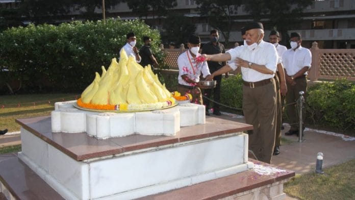 RSS chief Mohan Bhagwat at the organisation's headquarters in Nagpur | Twitter/@RSSorg