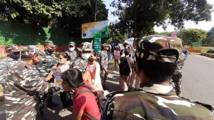 Delhi Police personnel at the protest organised by AISA Sunday | By special arrangement