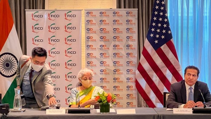 Union Finance Minister Nirmala Sitharaman during the investors roundtable meeting hosted by FICCI and US-India Strategic Partnership Forum (USISPF), in Boston on 12 October 2021 | PTI