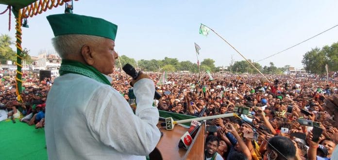 Lalu Prasad Yadav addressing the crowd at Tarapur Wednesday | By special arrangement