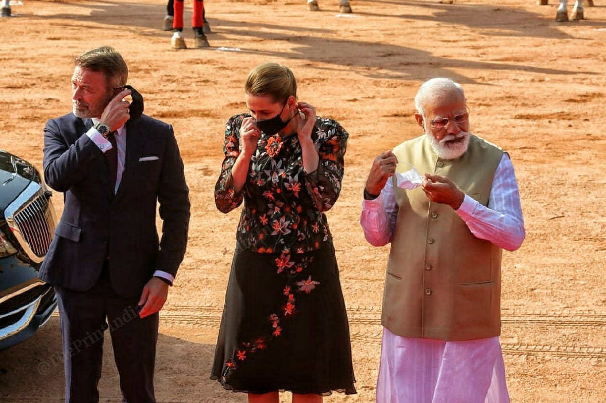 Prime Minister Modi receives Denmark PM Mette Frederiksen and husband Bo Tengberg at Rashtrapati Bhavan | Photo: Praveen Jain | ThePrint