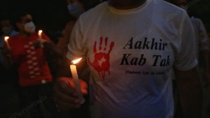 Various Kashmiri Pandit organisations protested at Jantar Mantar against recent attacks in J&K, October 2021 | Manisha Mondal/ThePrint