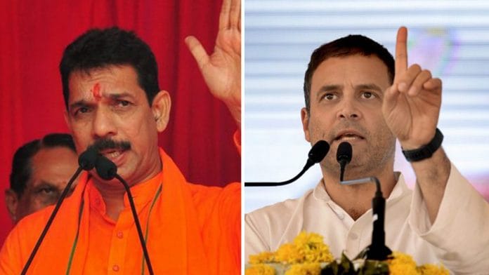 (Left to Right) Karnataka BJP President Nalin Kumar Kateel and senor Congress leader Rahul Gandhi | Photo: PTI