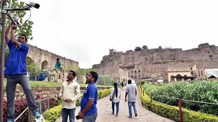 Workers installing CCTV cameras at Golconda Fort in Hyderabad, as part of security arrangements for the Telangana government's Independence Day celebrations, in 2019 | Representational image | ANI