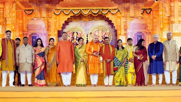 Aam Aadmi Party leaders including Delhi CM Arvind Kejriwal and his ministers attend a Diwali puja at Thyagaraj Stadium last Thursday | Photo: ANI