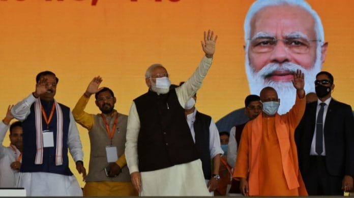 PM Narendra Modi lays the foundation stone of Noida International Airport at Jewar in Gautam Buddh Nagar district, on 25 November 2021 | Suraj Singh Bisht | ThePrint