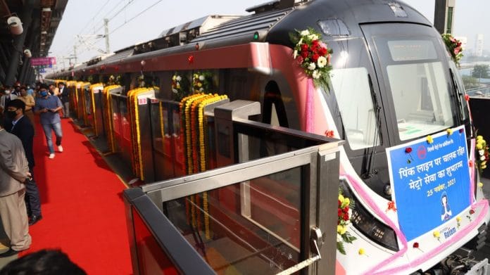 A driverless Metro train stands at a station during the inauguration of Driverless Train Operations (DTO) on the Pink Line of Delhi Metro, on 25 November 2021 | PTI