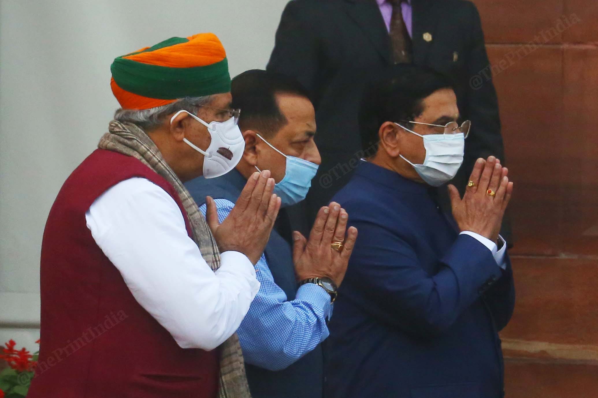 Minister of State for Parliamentary Affairs Pralhad Joshi, Jitendra Singh and Arjun Ram Meghwal welcoming Prime Minister Narendra Modi before interacting with media at Parliament House | Photo: Praveen Jain | ThePrint