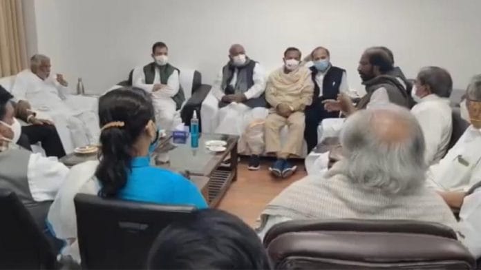 (Extreme Left) TRS MP Keshava Rao, next to Rahul Gandhi, at the Opposition meeting Tuesday | By special arrangement