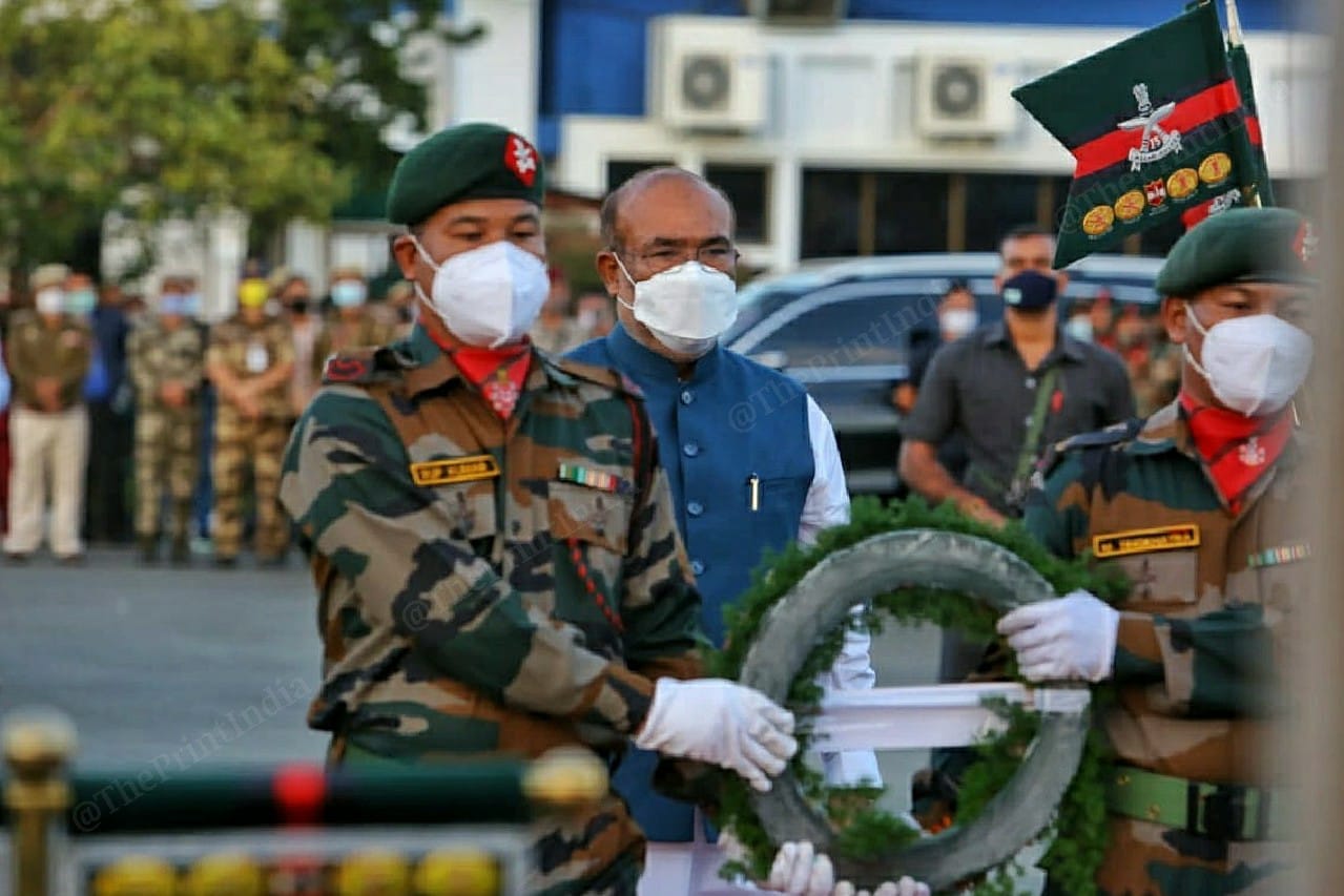 Manipur Chief Minister Biren Singh walks to the coffins of deceased soldiers at the wreath laying ceremony | Photo: Praveen Jain | ThePrint